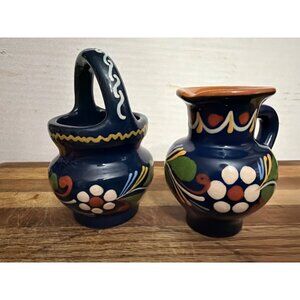 Hungarian Hand-Painted Blue Ceramic Jug & Basket Set folk art